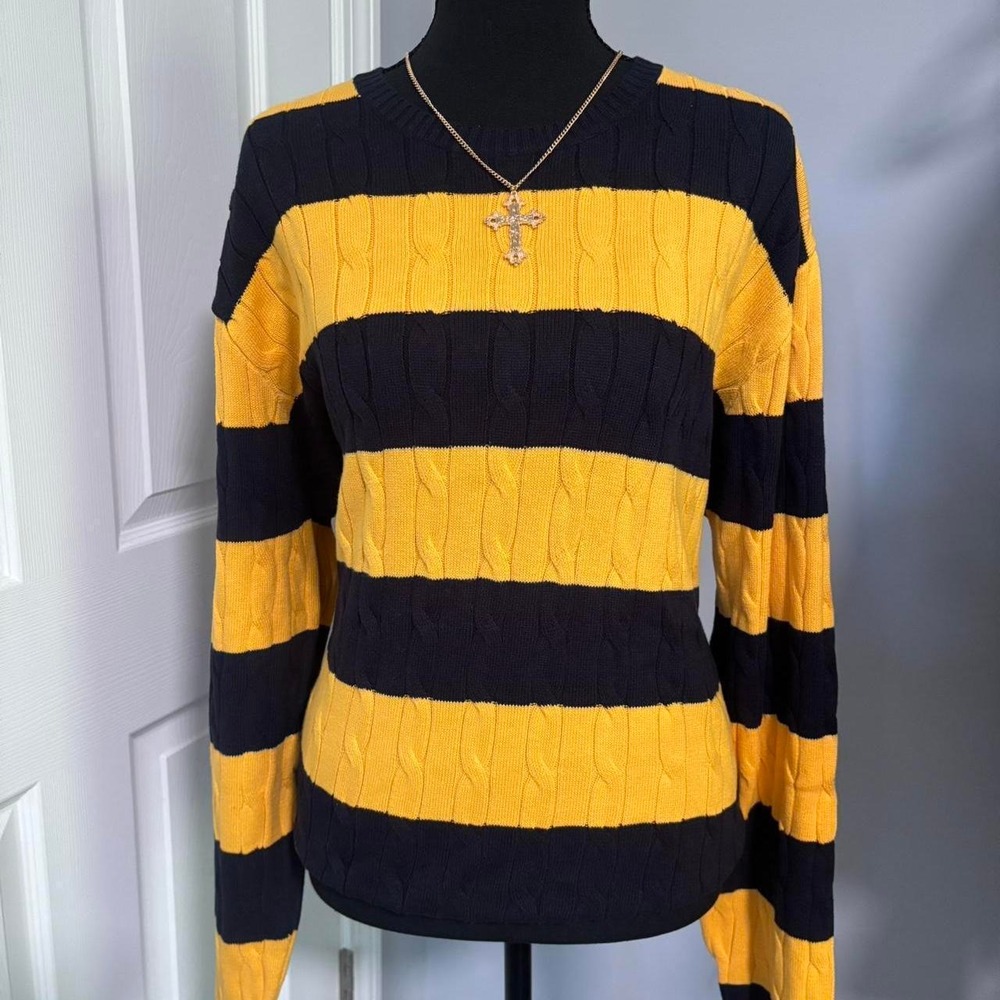 Nautica Yellow & Navy Striped Cable Knit Sweater